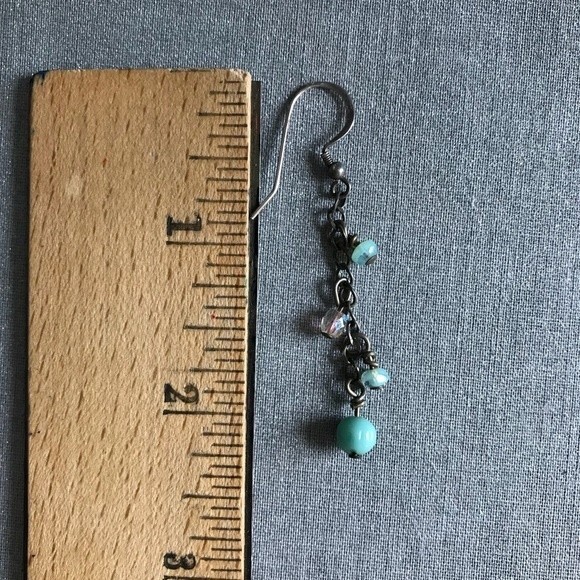 Vintage Handmade Aqua Beads Crystal Sterling Silver Dangle Drop Earrings - Picture 6 of 6